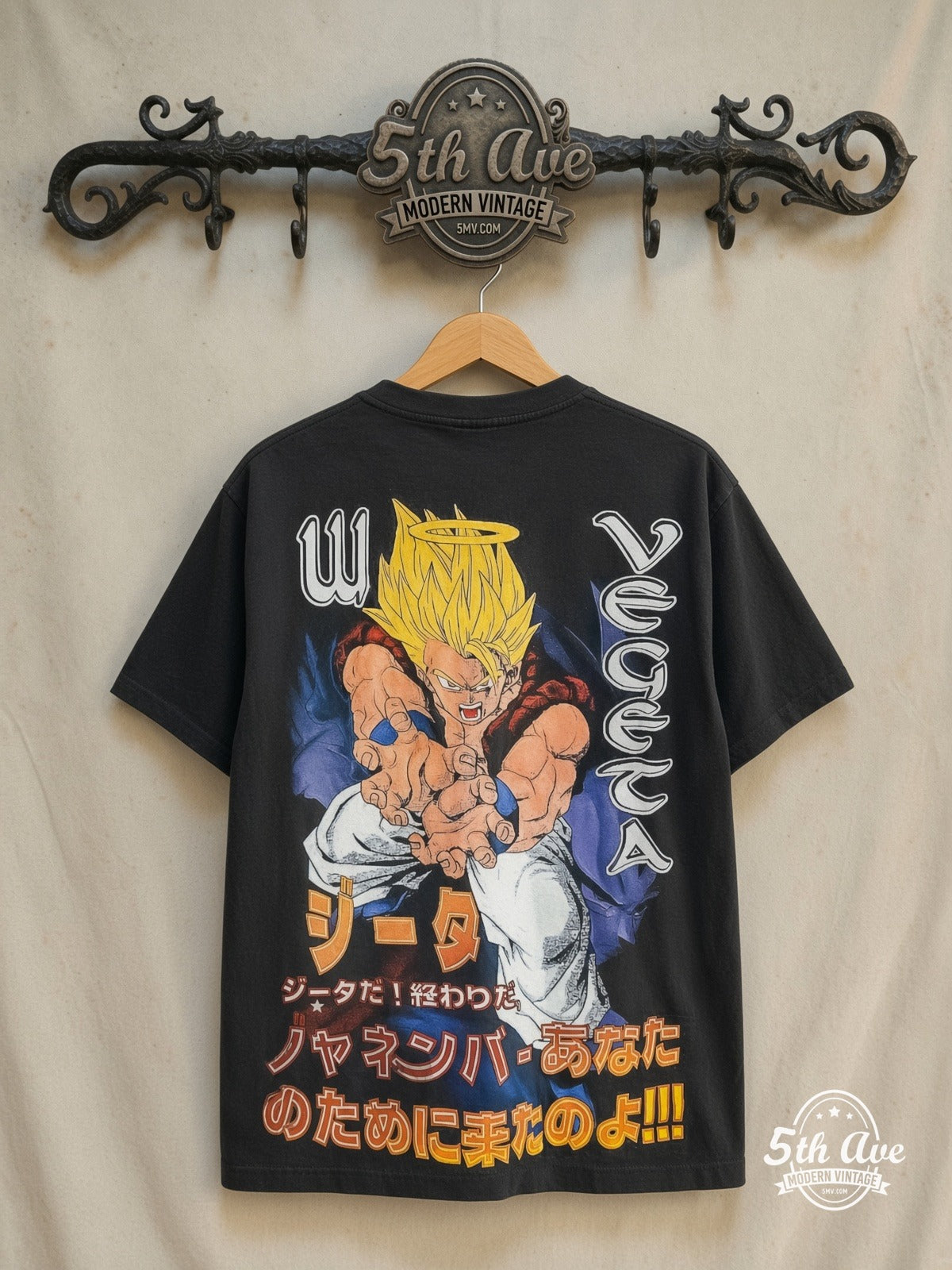 Dragon Ball Z – Future Trunks – All Over Print – New Vintage Anime Tee — back on locked cream ornate 5th Ave rack