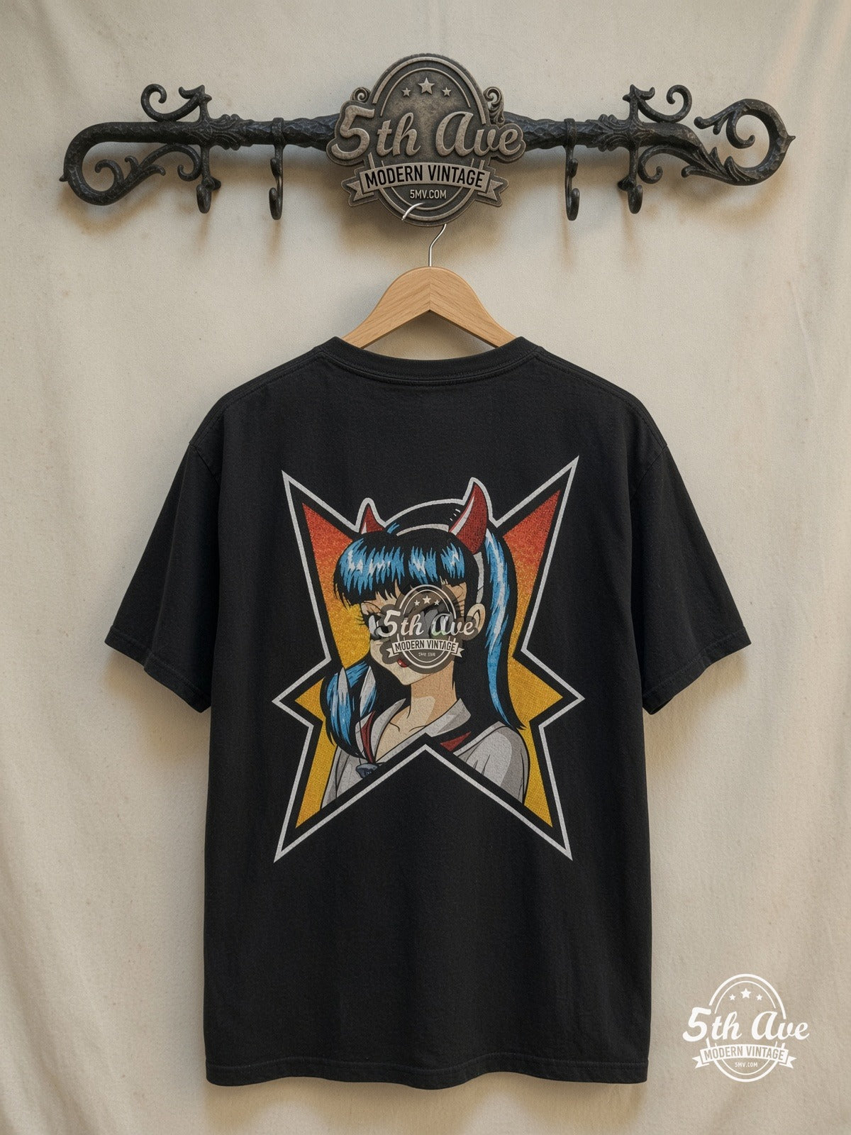 Hook-Ups – Devil Girl – Vintage Graphic Tee — back on locked cream ornate 5th Ave rack