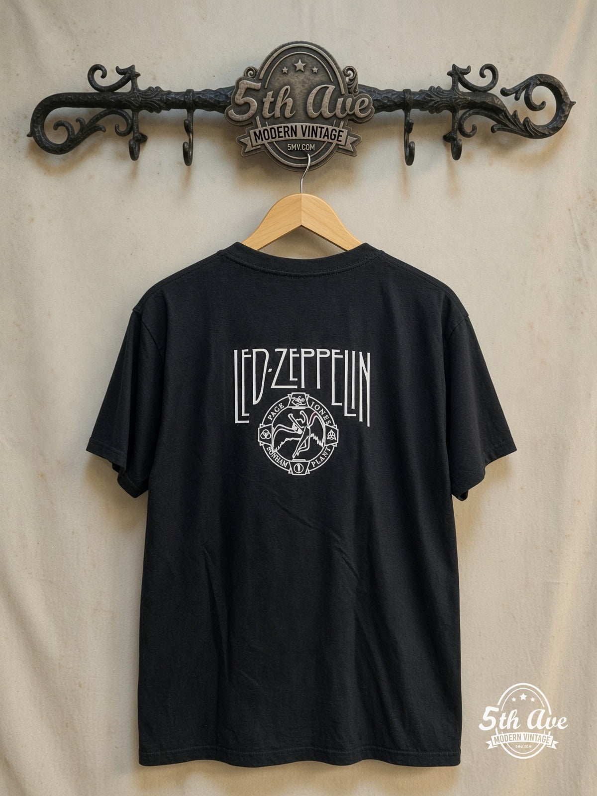 Led Zeppelin Stairway to Heaven – Vintage Band T-Shirt — back on locked cream ornate 5th Ave rack