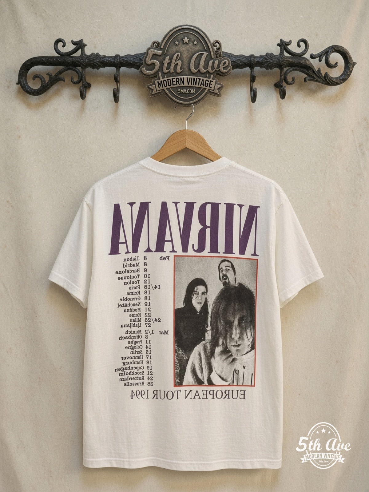 Nirvana – In Utero Tour 1994 – Vintage Band T-Shirt — back on locked cream ornate 5th Ave rack