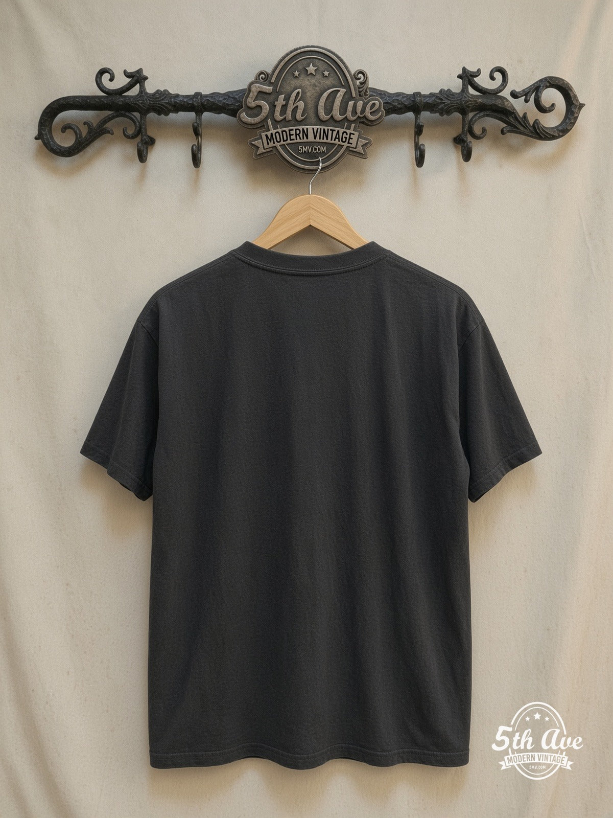 Prince – Purple Portrait Orange Peace Sign – Vintage Band T-Shirt — back on locked cream ornate 5th Ave rack