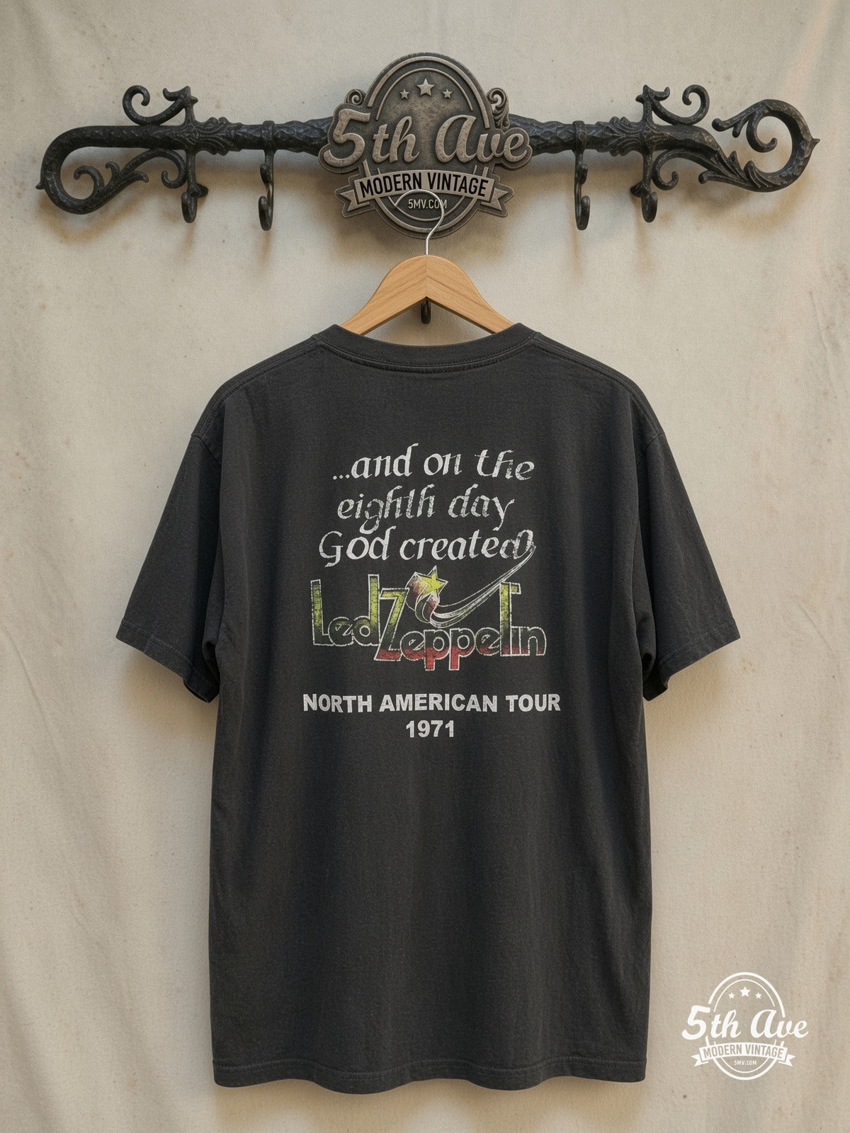 Led Zeppelin – North American Tour 1971 – Vintage Band T-Shirt — back on locked cream ornate 5th Ave rack