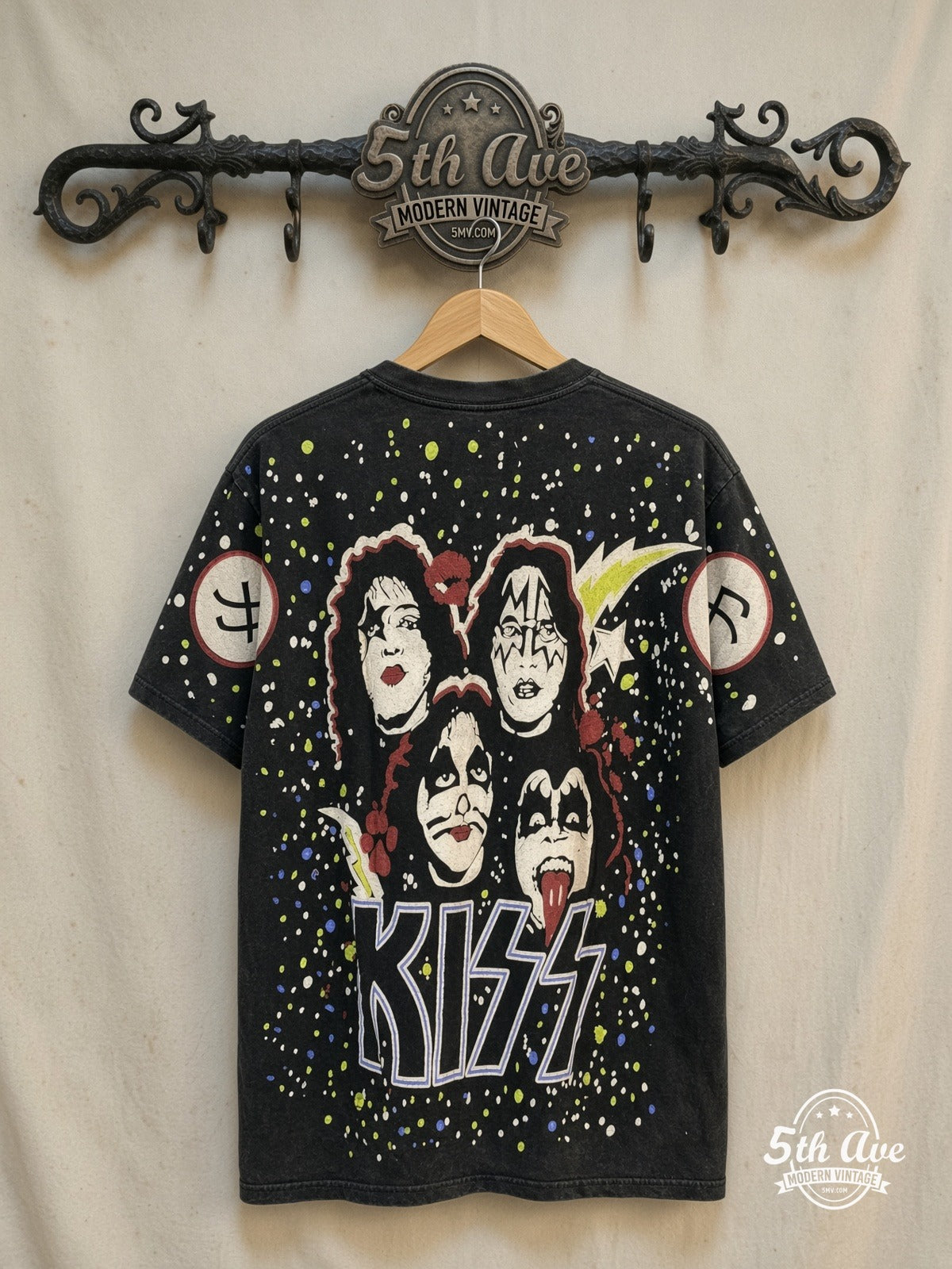 KISS – All Over Print T-Shirt – Vintage Band T-Shirt — back on locked cream ornate 5th Ave rack