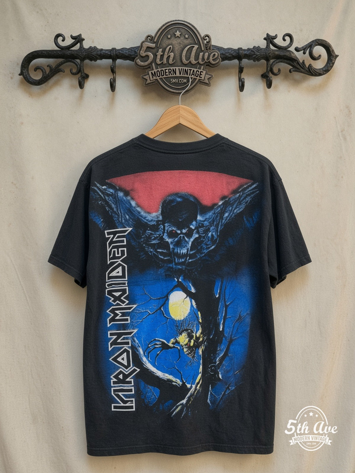 Iron Maiden – Fear of the Dark Eddie Tree Spirit All Over Print – Vintage Band T-Shirt — back on locked cream ornate 5th Ave rack