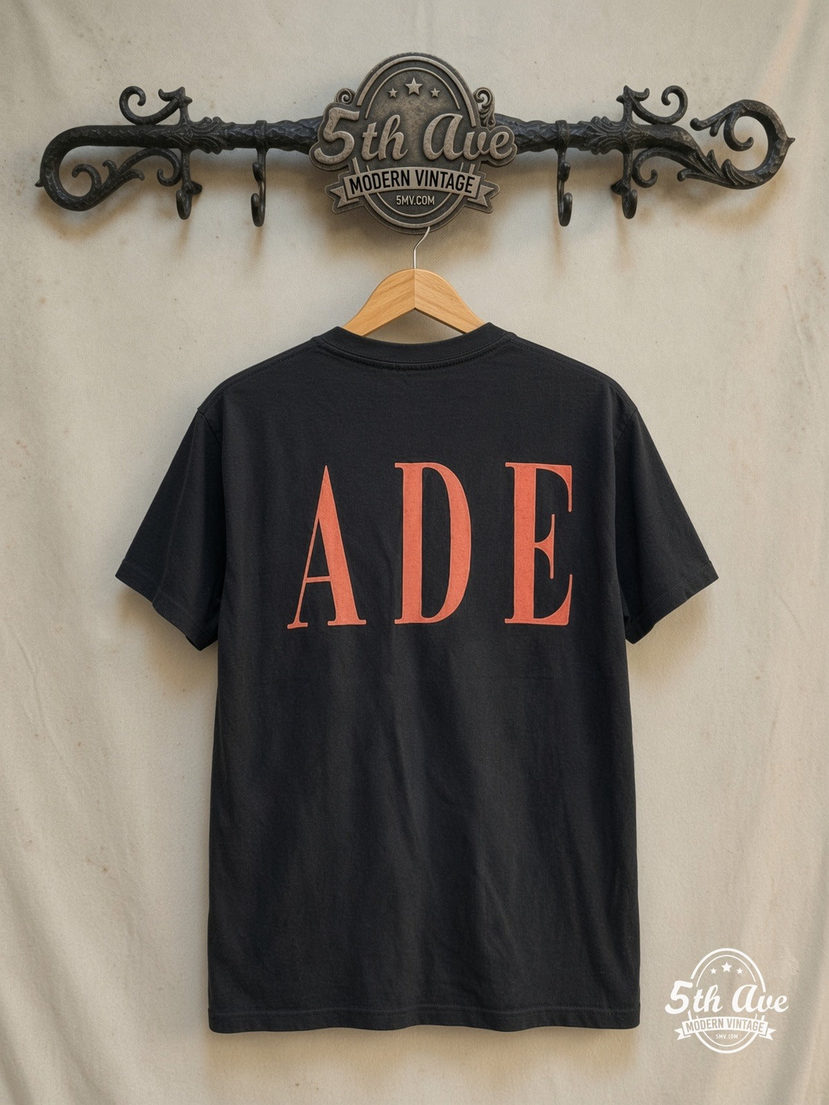 Sade – Queen of Cool Crossed Arms Denim Black – Vintage Band T-Shirt — back on locked cream ornate 5th Ave rack