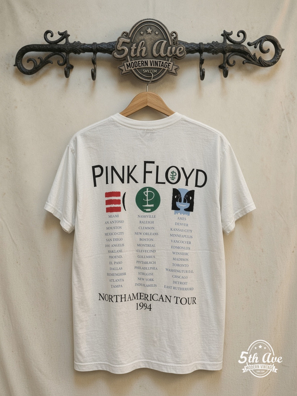 Pink Floyd – 1994 North America Tour – Vintage Band T-Shirt — back on locked cream ornate 5th Ave rack