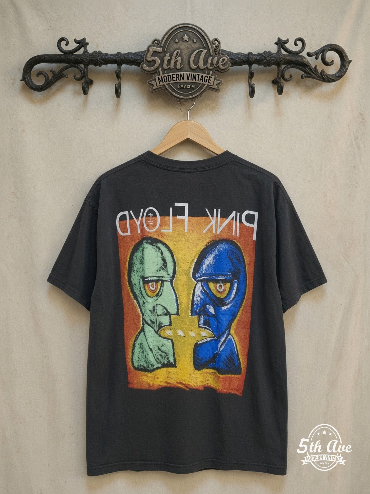 Pink Floyd – The Wall Division Bell Faces Collage – Vintage Band T-Shirt — back on locked cream ornate 5th Ave rack