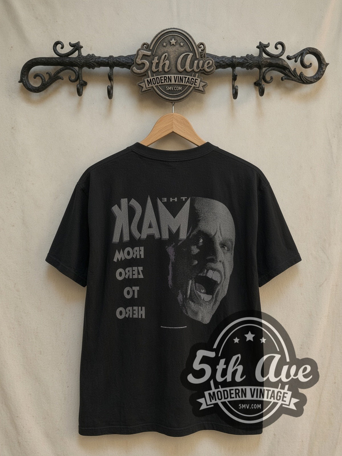 The Mask From Zero to Hero vintage graphic t-shirt, back view on a display rack