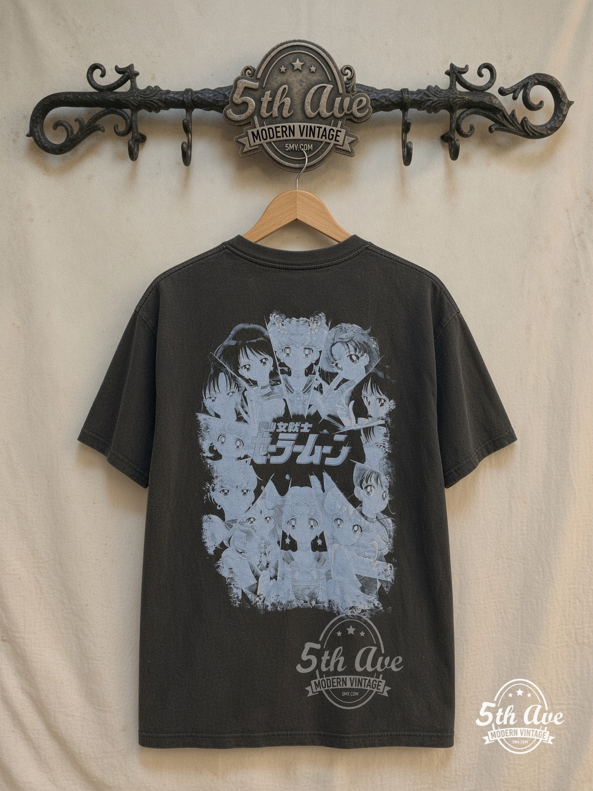 Sailor Moon – Five Guardians on the Moon – Vintage Anime T-Shirt — back on locked cream ornate 5th Ave rack