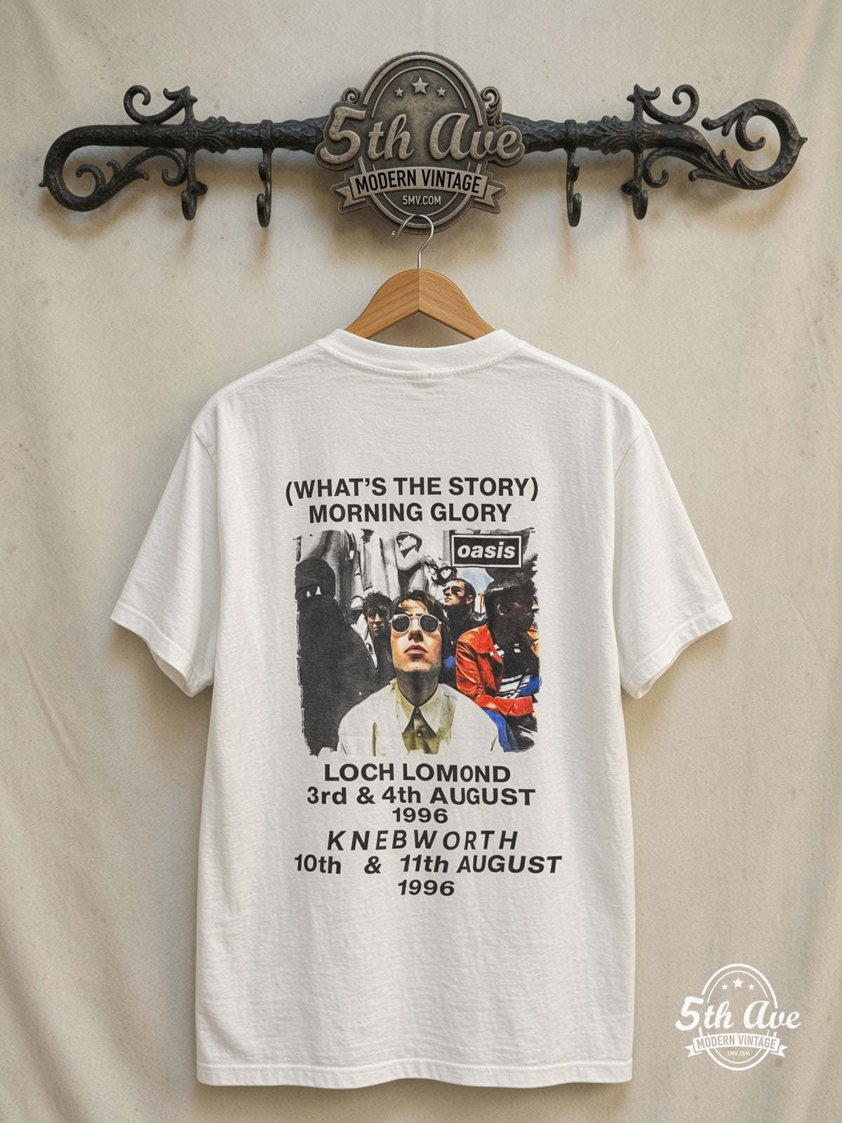 Oasis – Morning Glory Tour 1996 – Vintage Band T-Shirt — back on locked cream ornate 5th Ave rack
