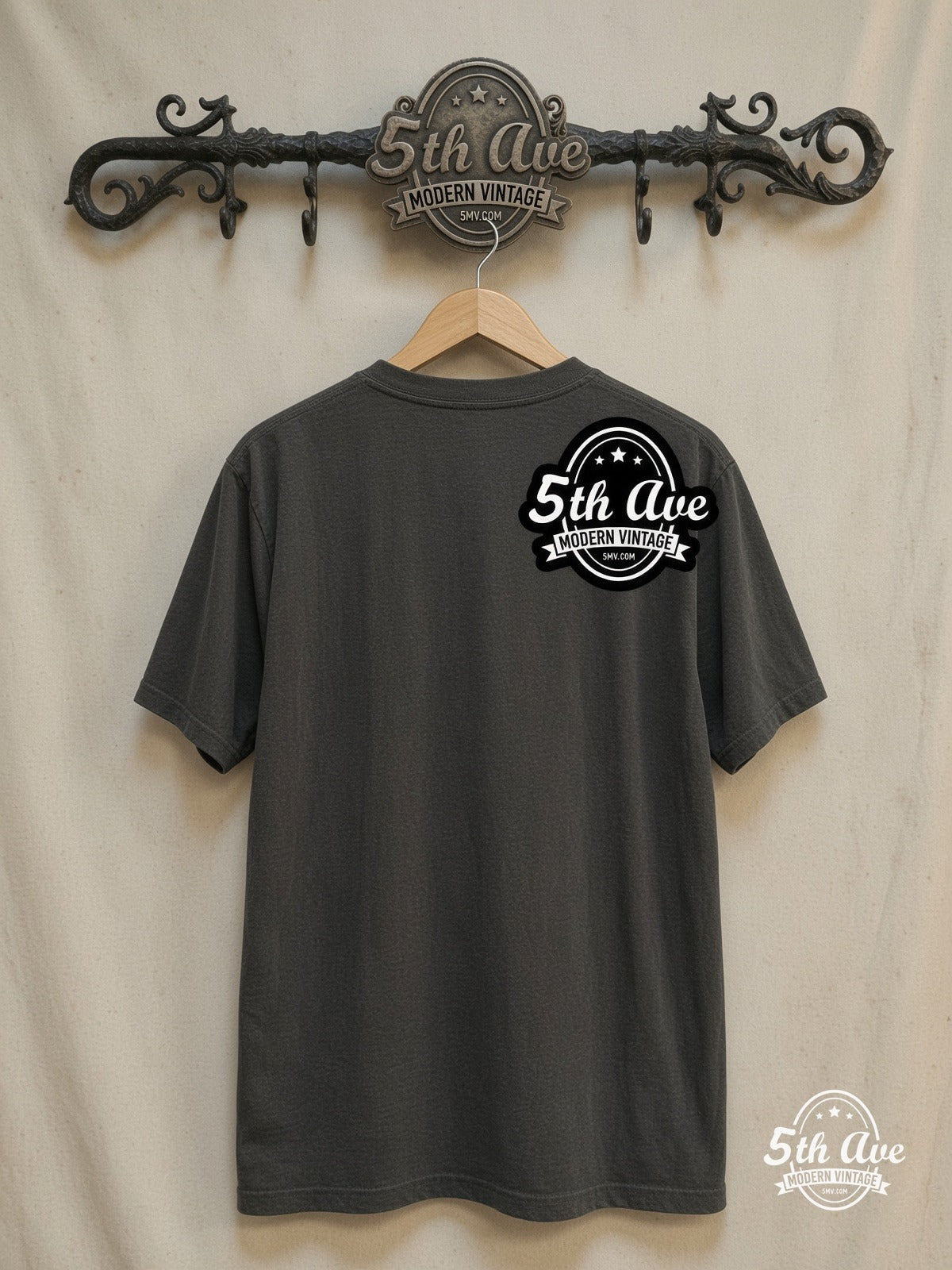 Michael Schenker Group – Guitar Logo – Vintage Band T-Shirt — back on locked cream ornate 5th Ave rack