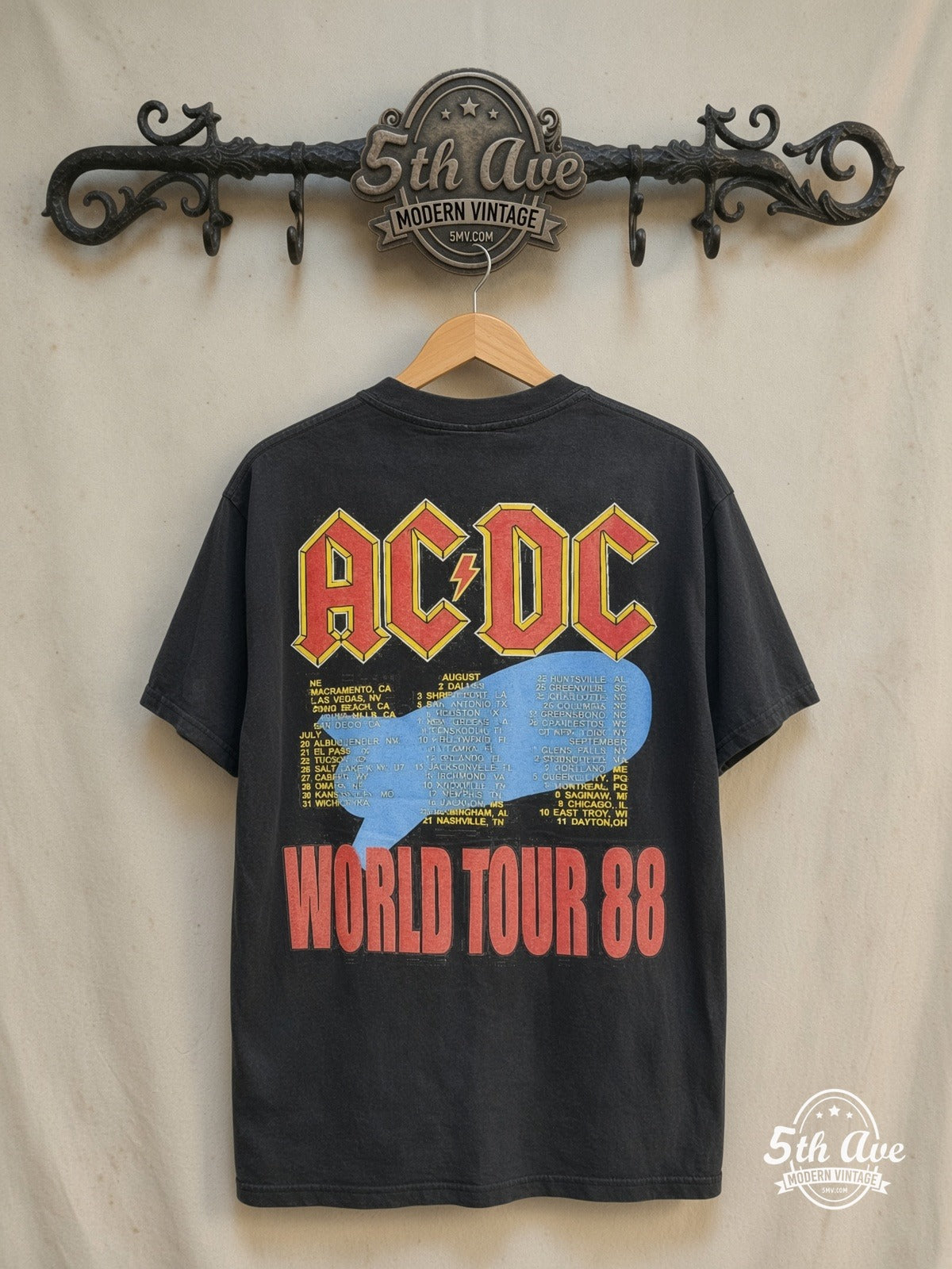 AC/DC – Blow Up Your Video TV Burst City List – Vintage Band T-Shirt — back on locked cream ornate 5th Ave rack