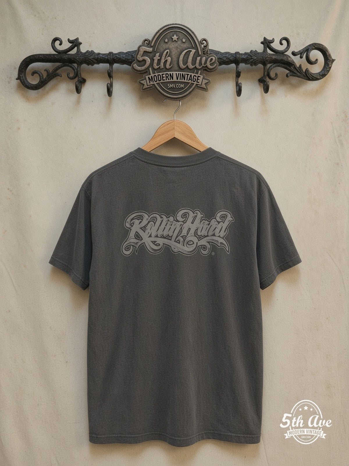 Rollin Hard – Old School Lowrider – Vintage Graphic Tee — back on locked cream ornate 5th Ave rack