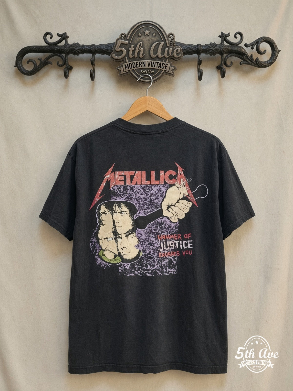 Metallica – Damaged Justice' Hammer of Justice Crushes You – Vintage Band T-Shirt — back on locked cream ornate 5th Ave rack