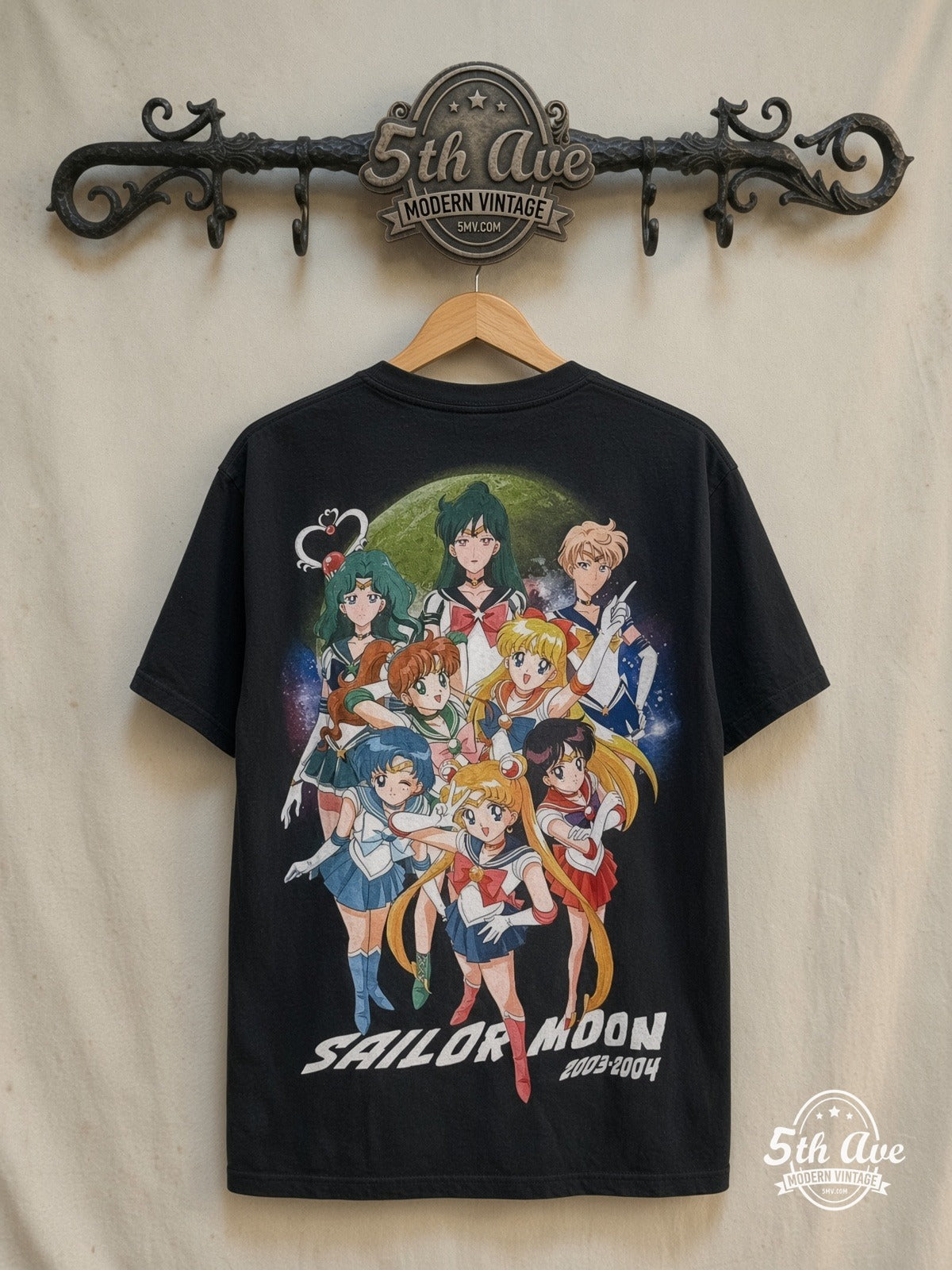 Sailor Moon – Eight Sailor Guardians – New Vintage Anime Tee — back on locked cream ornate 5th Ave rack