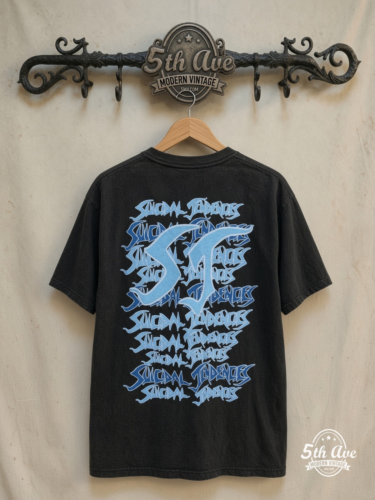 Suicidal Tendencies – Electric Chair Black All Over Print – Vintage Band T-Shirt — back on locked cream ornate 5th Ave rack