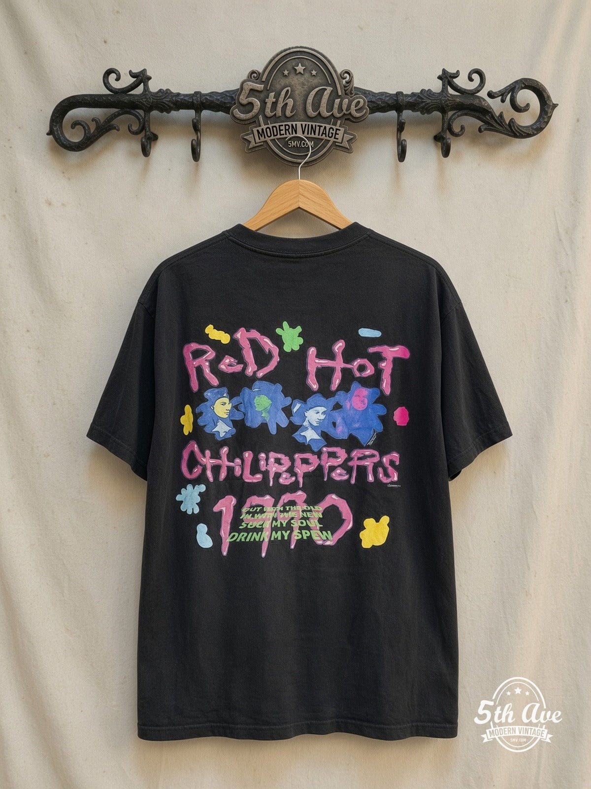 Red Hot Chili Peppers – Out With the Old – Vintage Band T-Shirt — back on locked cream ornate 5th Ave rack