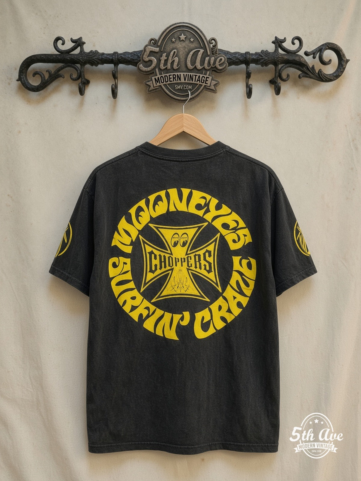 West Coast Choppers – MoonEyes Surfin Craze – Vintage Graphic Tee — back on locked cream ornate 5th Ave rack