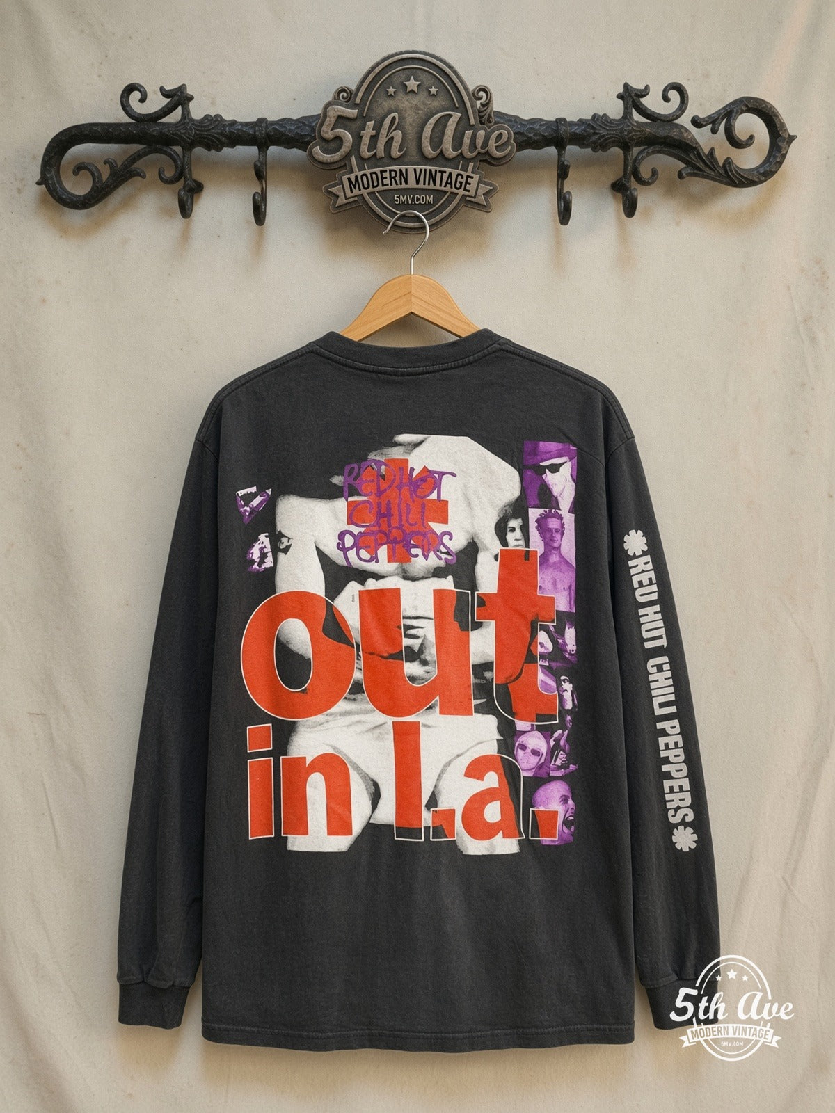 Red Hot Chili Peppers – Out in L.A. – Vintage Band T-Shirt — back on locked cream ornate 5th Ave rack