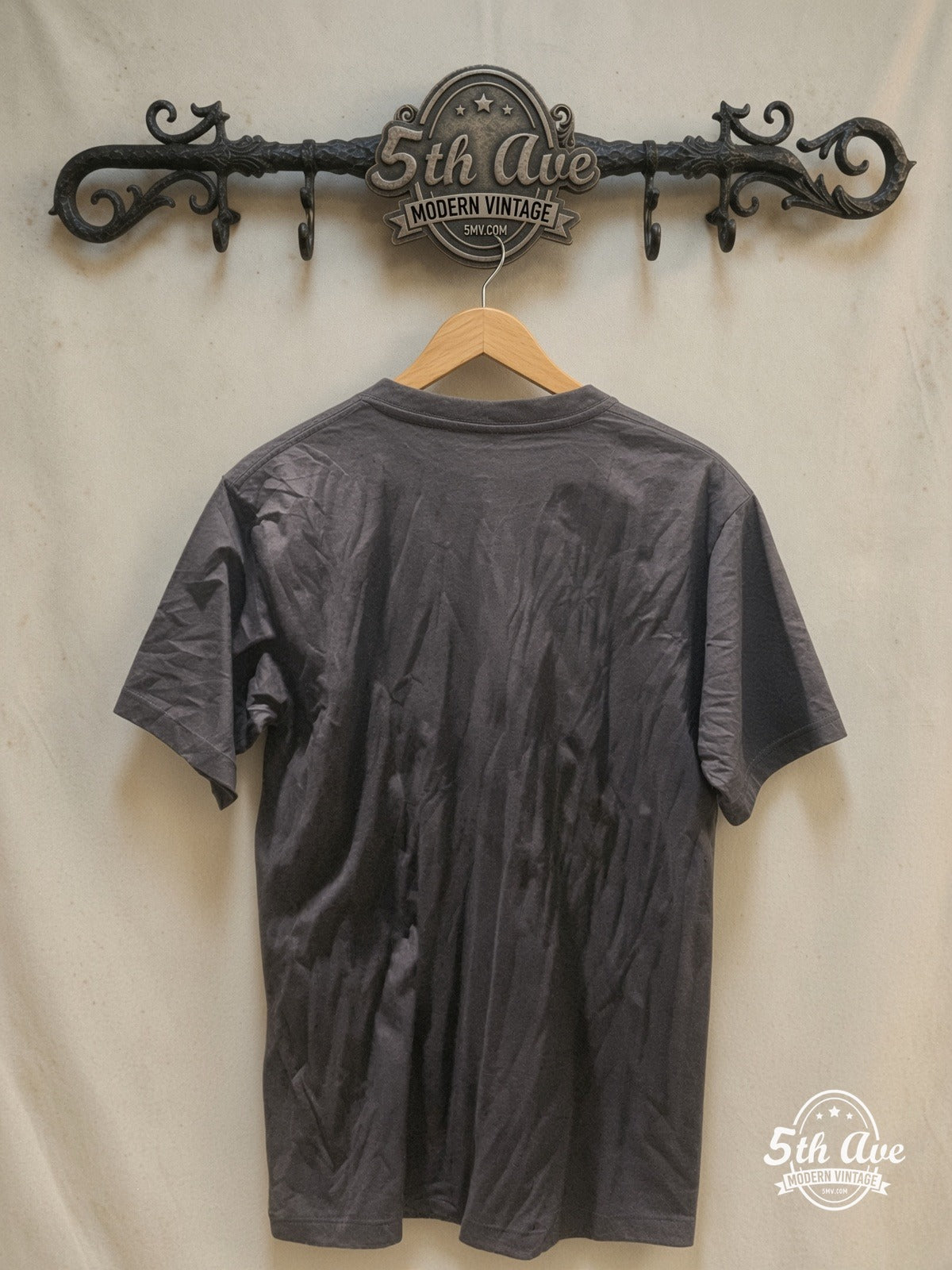 Neil Young – Black-and-White Performance with Captain Boot Tag – Vintage Band T-Shirt — back on locked cream ornate 5th Ave rack