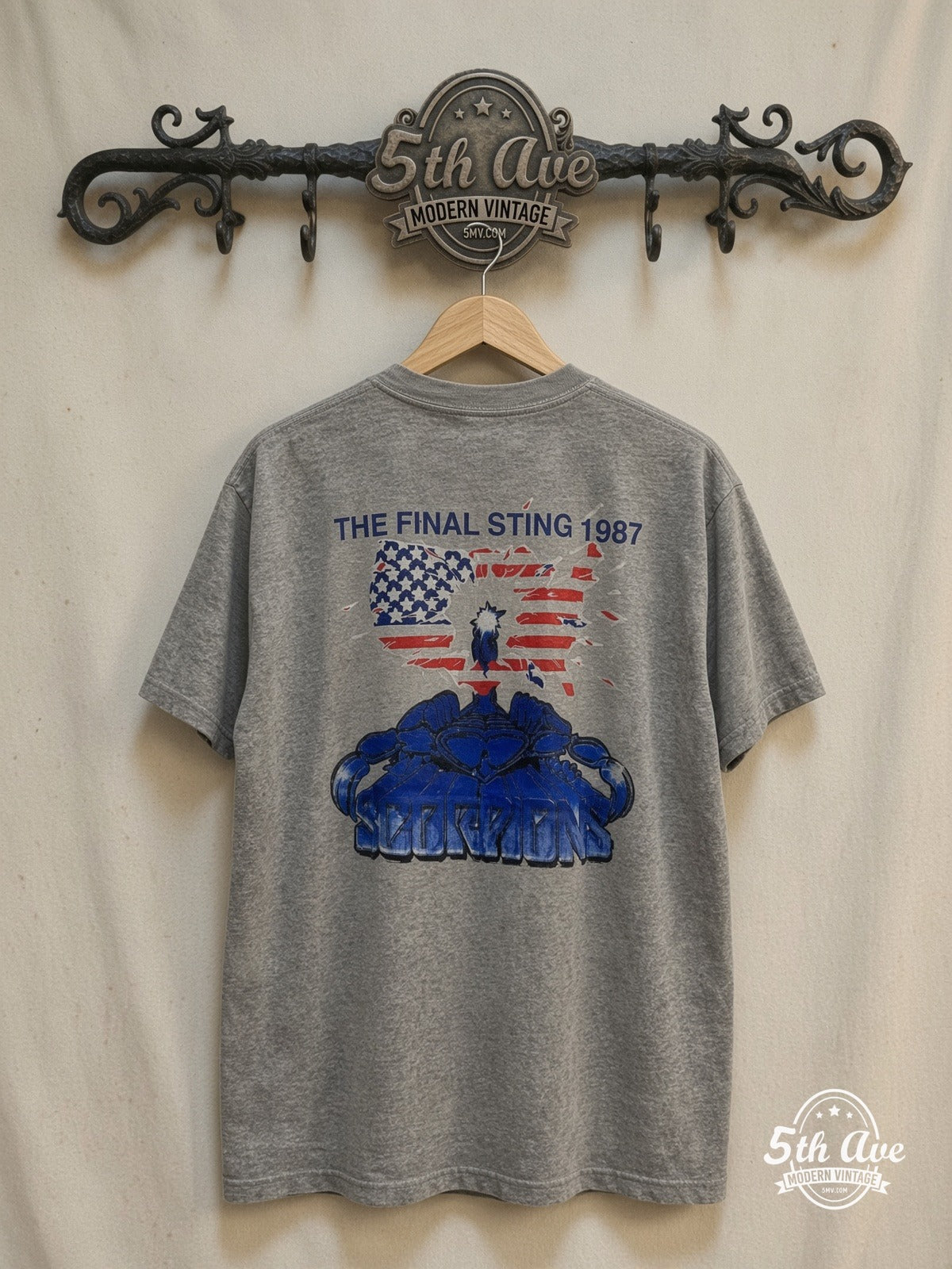 Scorpions the Final Sting 1987 – Vintage Band T-Shirt — back on locked cream ornate 5th Ave rack