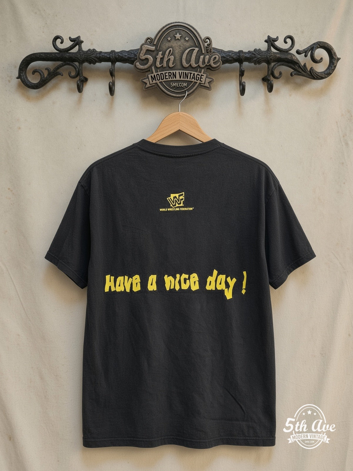 WWF – Have a Nice Day – Vintage Graphic Tee — back on locked cream ornate 5th Ave rack