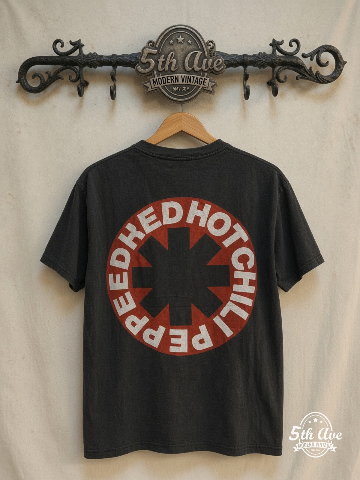 Red Hot Chili Peppers – Flea and Anthony Kiedis – Vintage Band T-Shirt — back on locked cream ornate 5th Ave rack