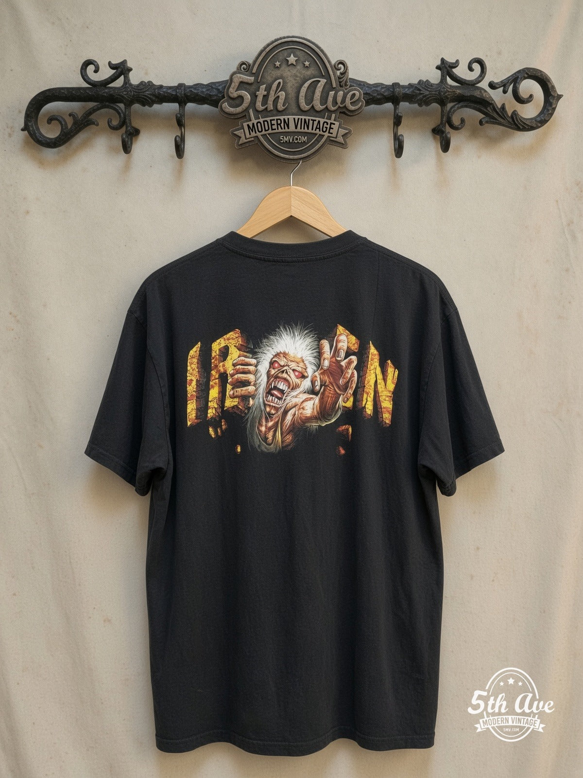 Iron Maiden – Killers Album Art City Skyline – Vintage Band T-Shirt — back on locked cream ornate 5th Ave rack