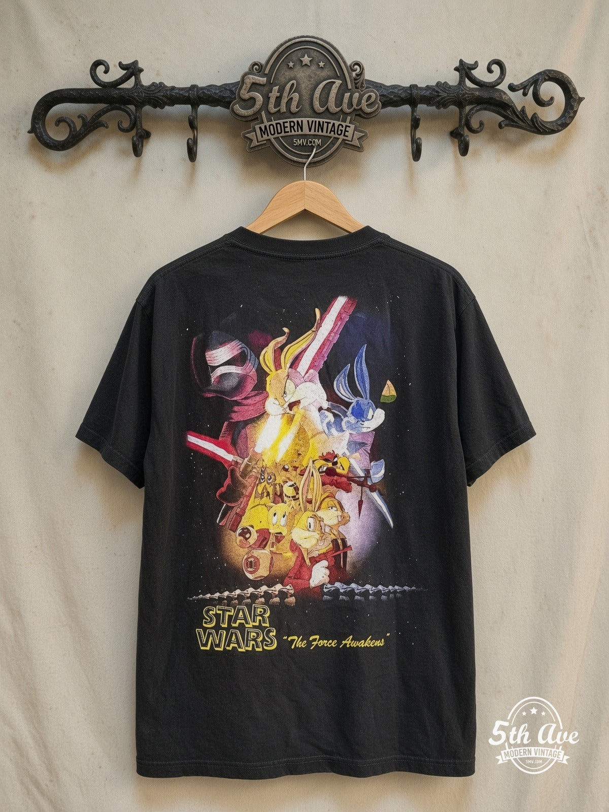 Bugs Bunny – and Friends x Star Wars – New Vintage Graphic Tee — back on locked cream ornate 5th Ave rack