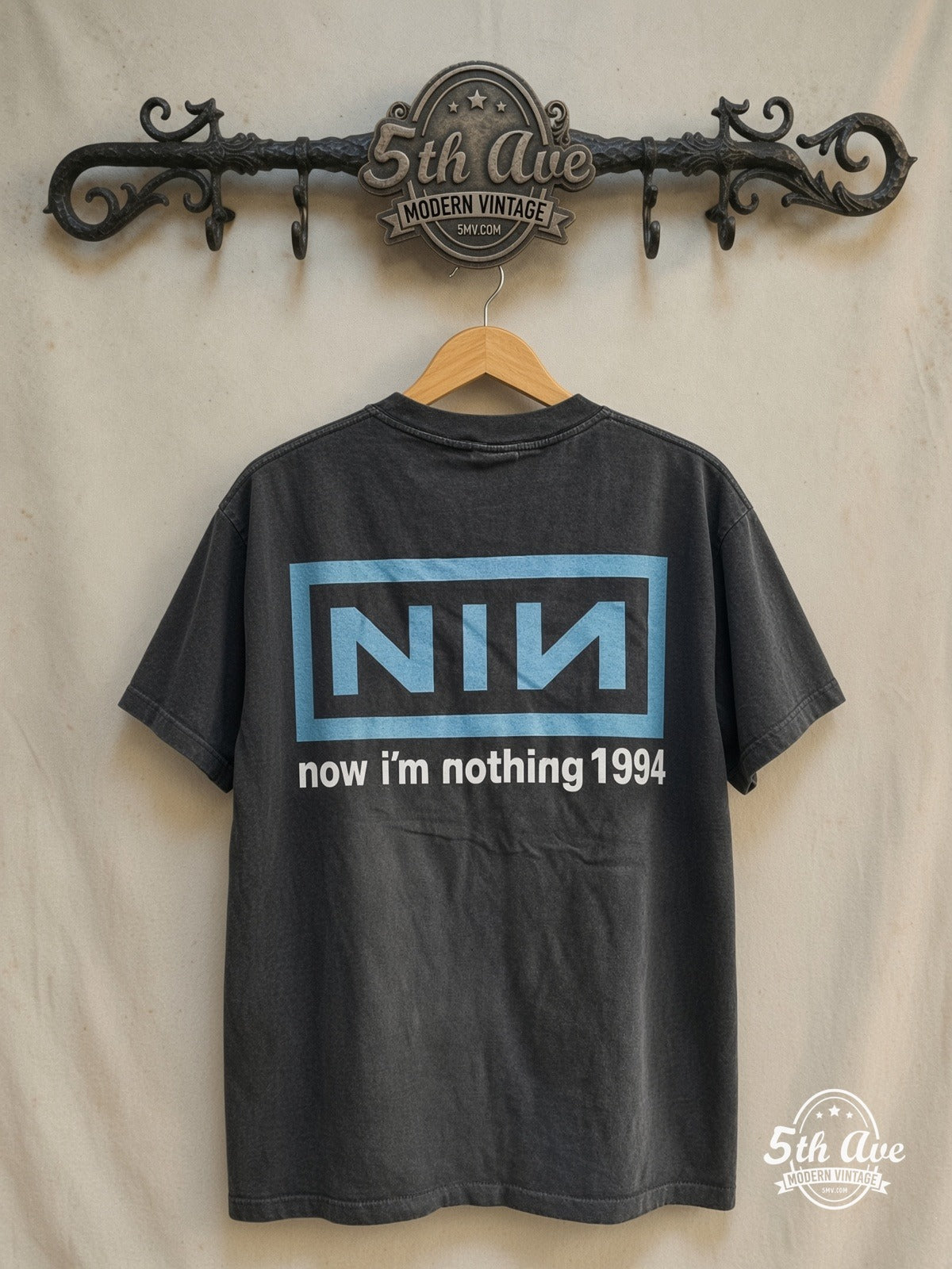 Nine Inch Nails – NIИ 'Now I'm Nothing – Vintage Band T-Shirt — back on locked cream ornate 5th Ave rack