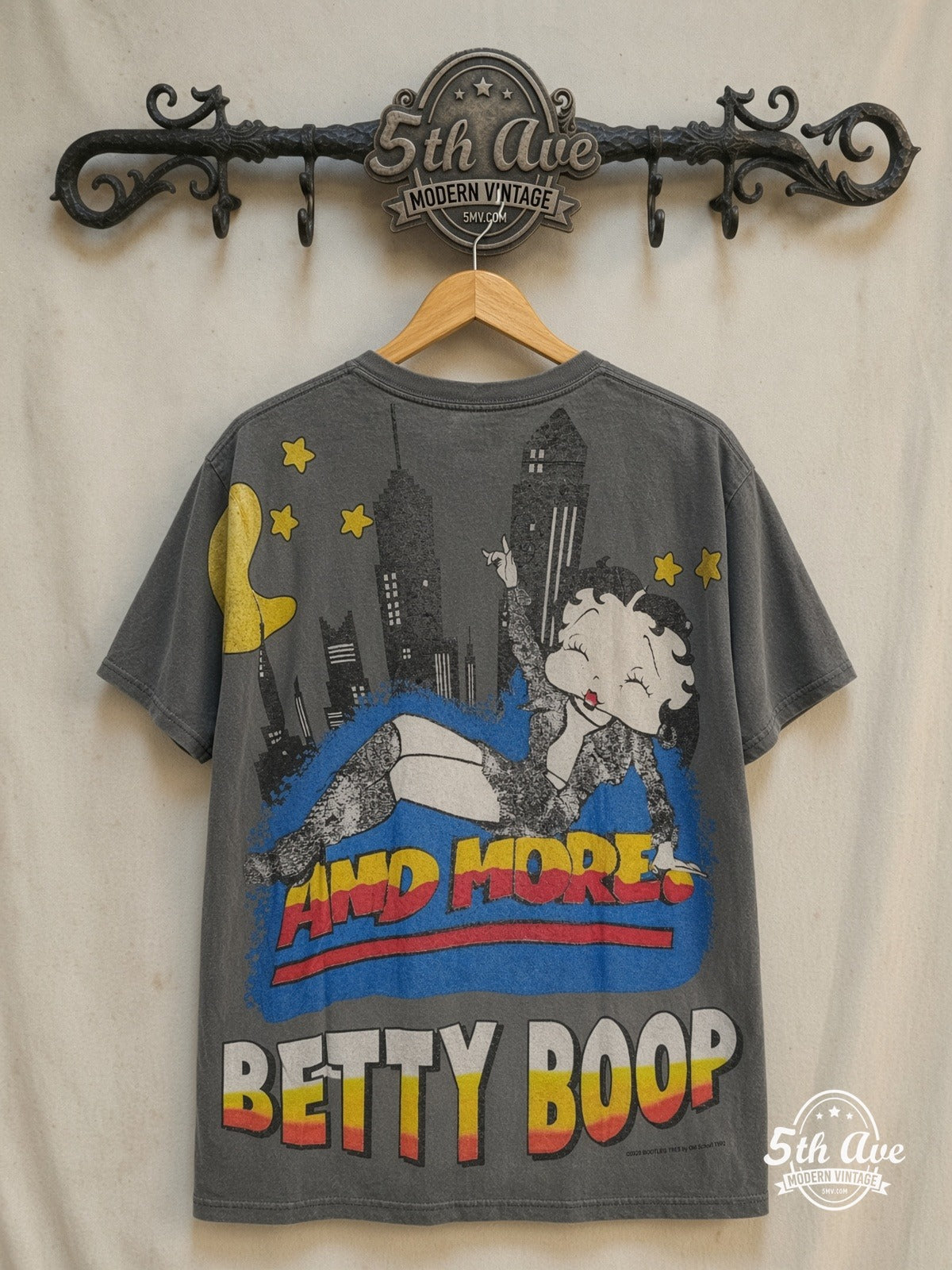 Betty Boop – Guest List Only – All Over Print – New Vintage Graphic Tee — back on locked cream ornate 5th Ave rack