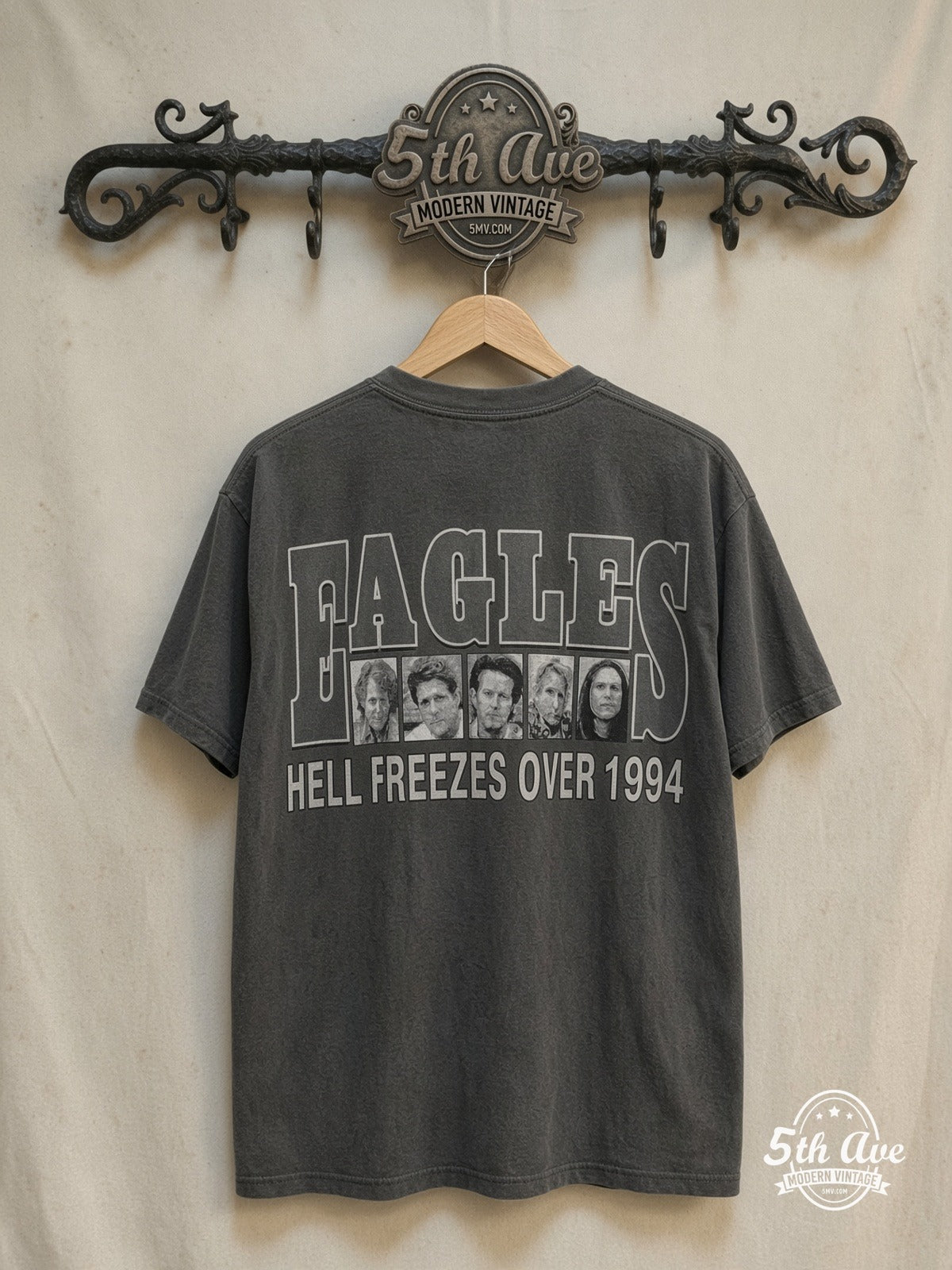 Eagles Hotel California White Tribute Tee – Vintage Band T-Shirt — back on locked cream ornate 5th Ave rack