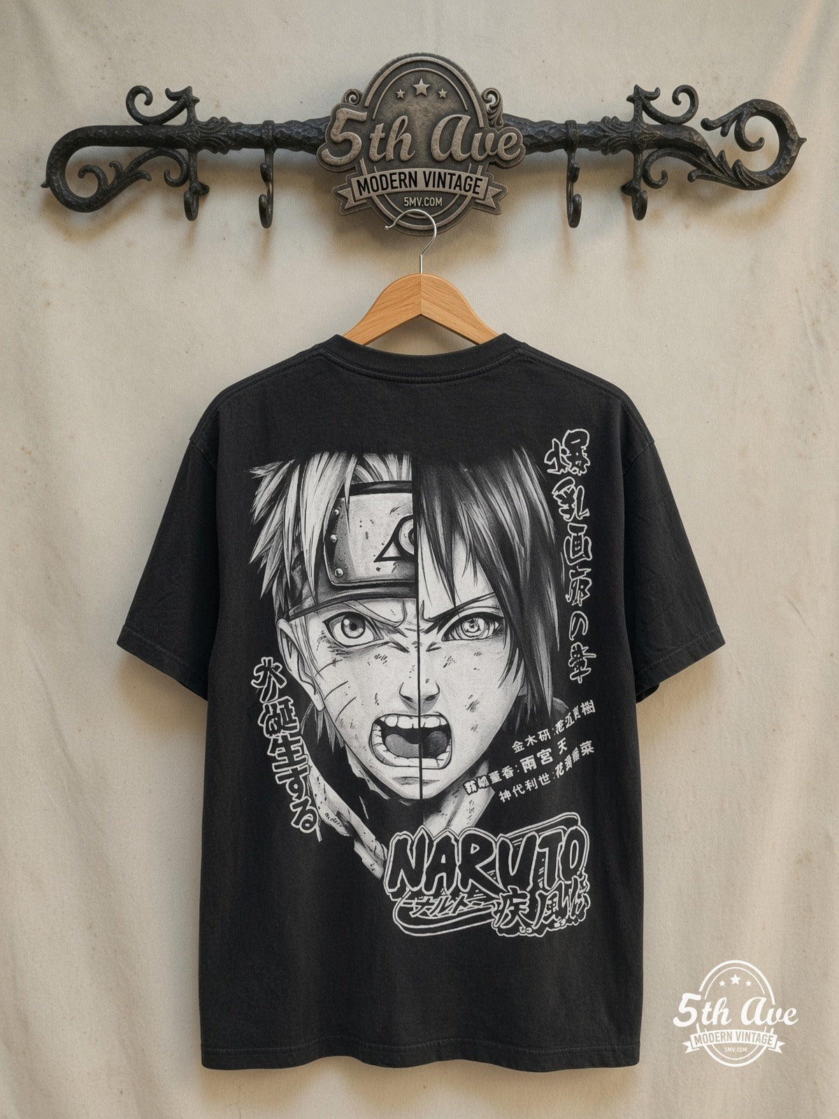 Naruto Shippuden – Naruto and Sasuke Split Face Yell – New Vintage Anime Tee — back on locked cream ornate 5th Ave rack
