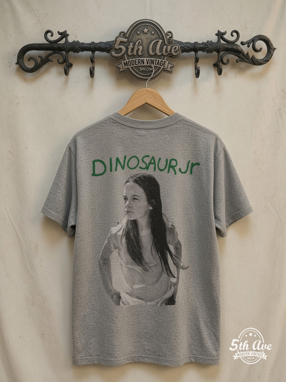 Dinosaur Jr. 'Green Mind' - Vintage Reprint Band T-Shirt — back on locked cream ornate 5th Ave rack