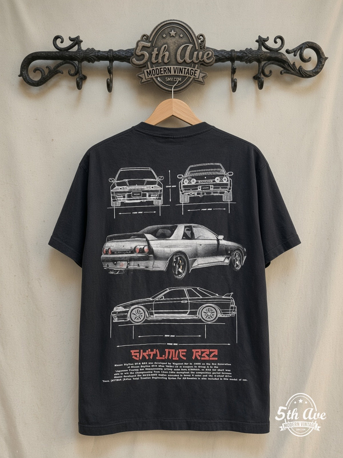 Nissan Skyline – R32 – Vintage Graphic Tee — back on locked cream ornate 5th Ave rack