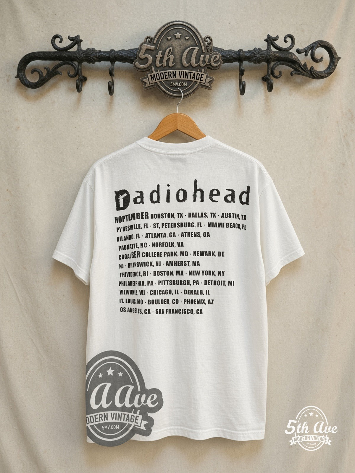 Radiohead – The Fall Tour 1993 – Vintage Band T-Shirt — back on locked cream ornate 5th Ave rack