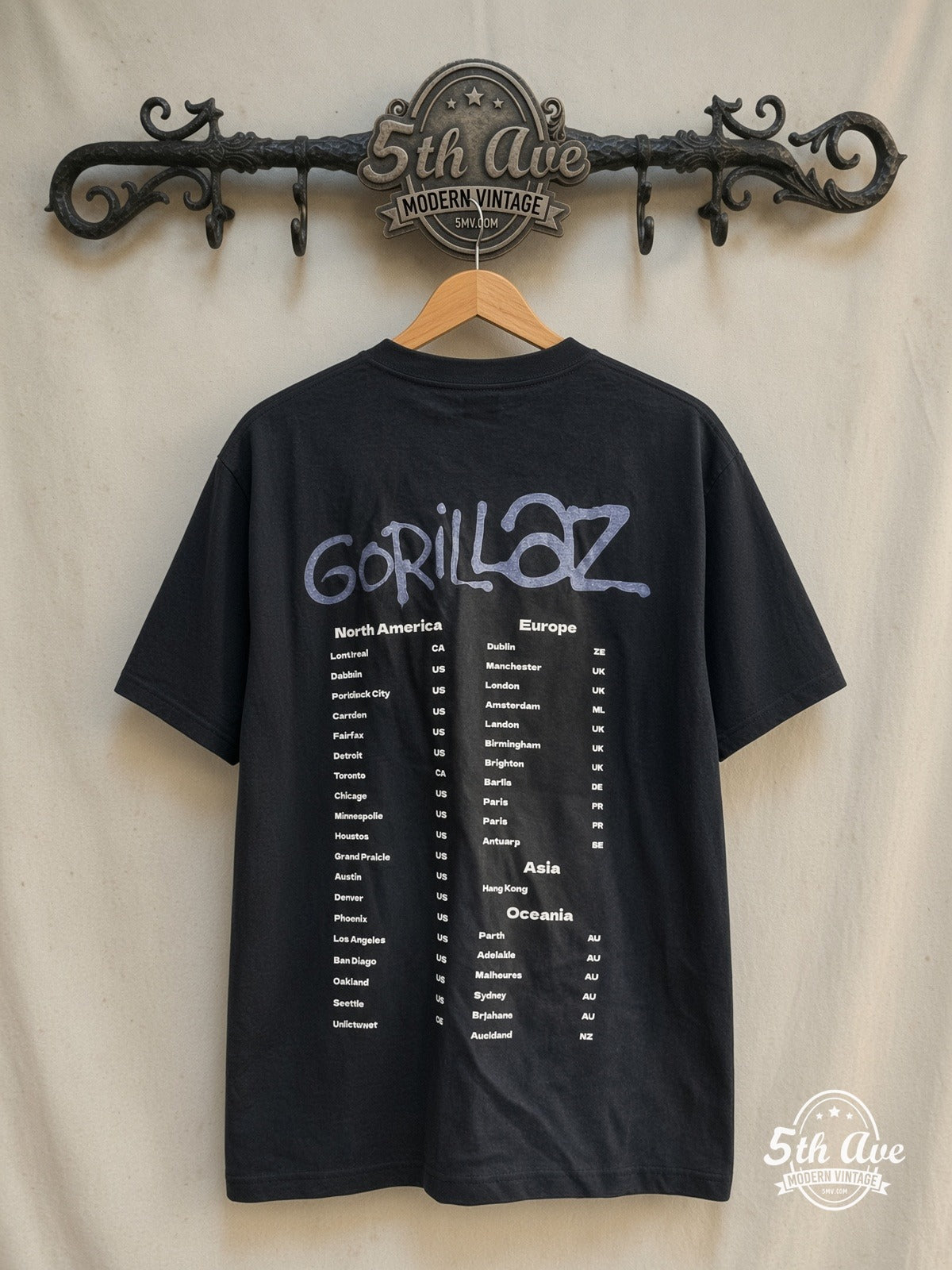 Gorillaz – World Tour – Vintage Band T-Shirt — back on locked cream ornate 5th Ave rack