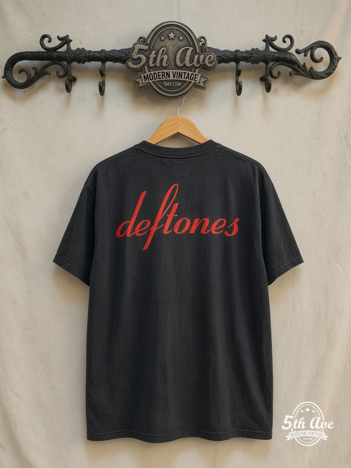 Deftones – Around the Fur Red Script – Vintage Band T-Shirt — back on locked cream ornate 5th Ave rack