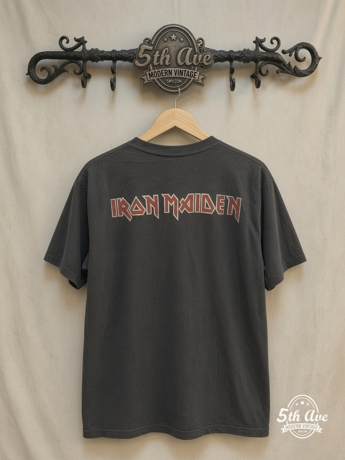 Iron Maiden – Killers Circular Eddie Hatchet – Vintage Band T-Shirt — back on locked cream ornate 5th Ave rack