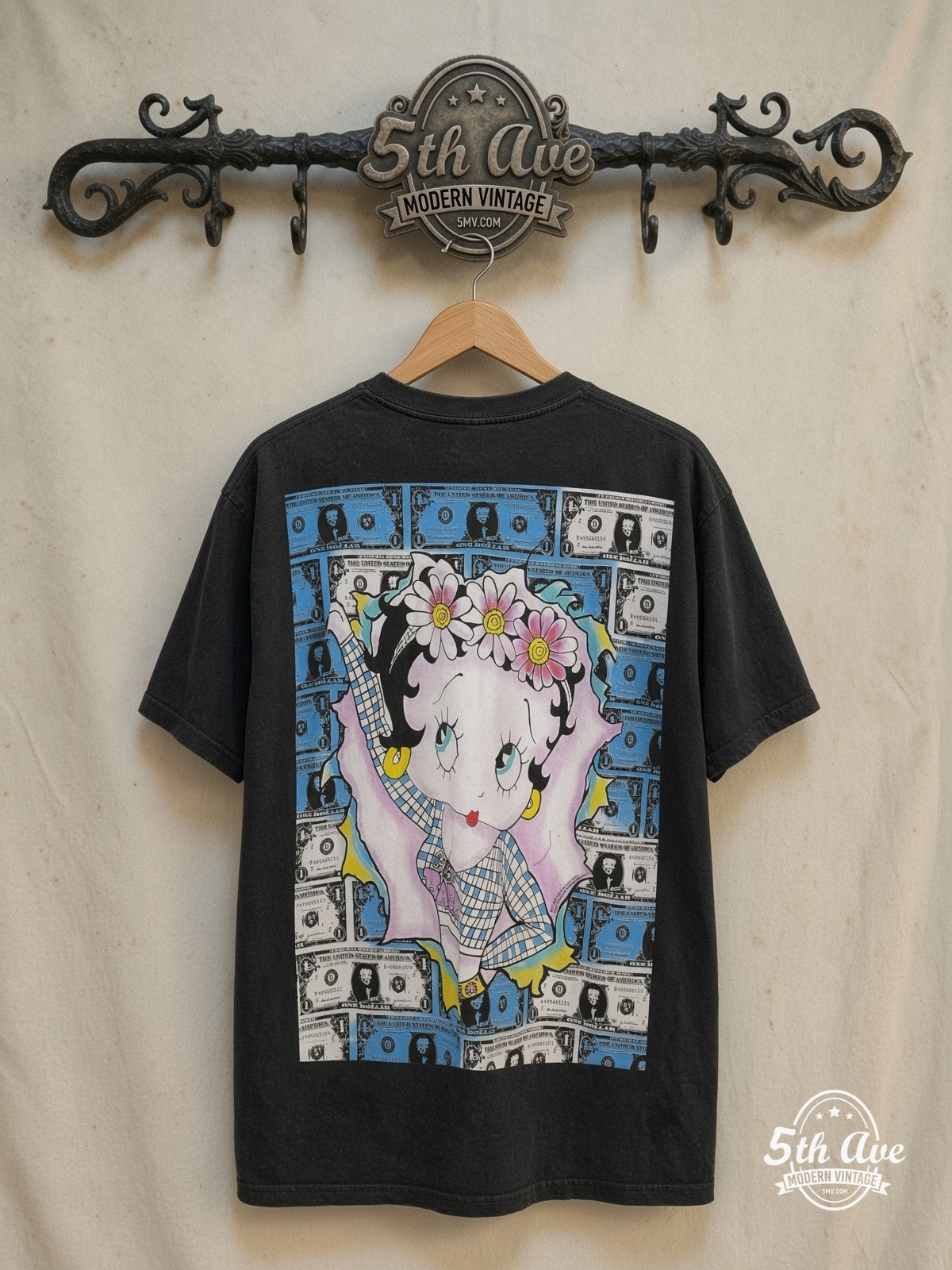 Betty Boop – Million Dollar Babe Black T-Shirt Stylish Look – All Over Print – New Vintage Graphic Tee — back on locked cream ornate 5th Ave rack