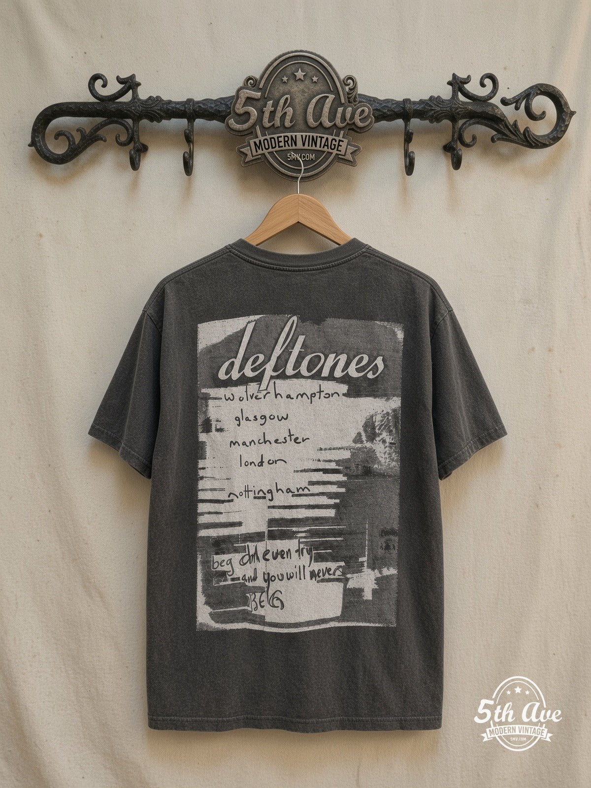 Deftones – UK Adrenaline – Vintage Band T-Shirt — back on locked cream ornate 5th Ave rack