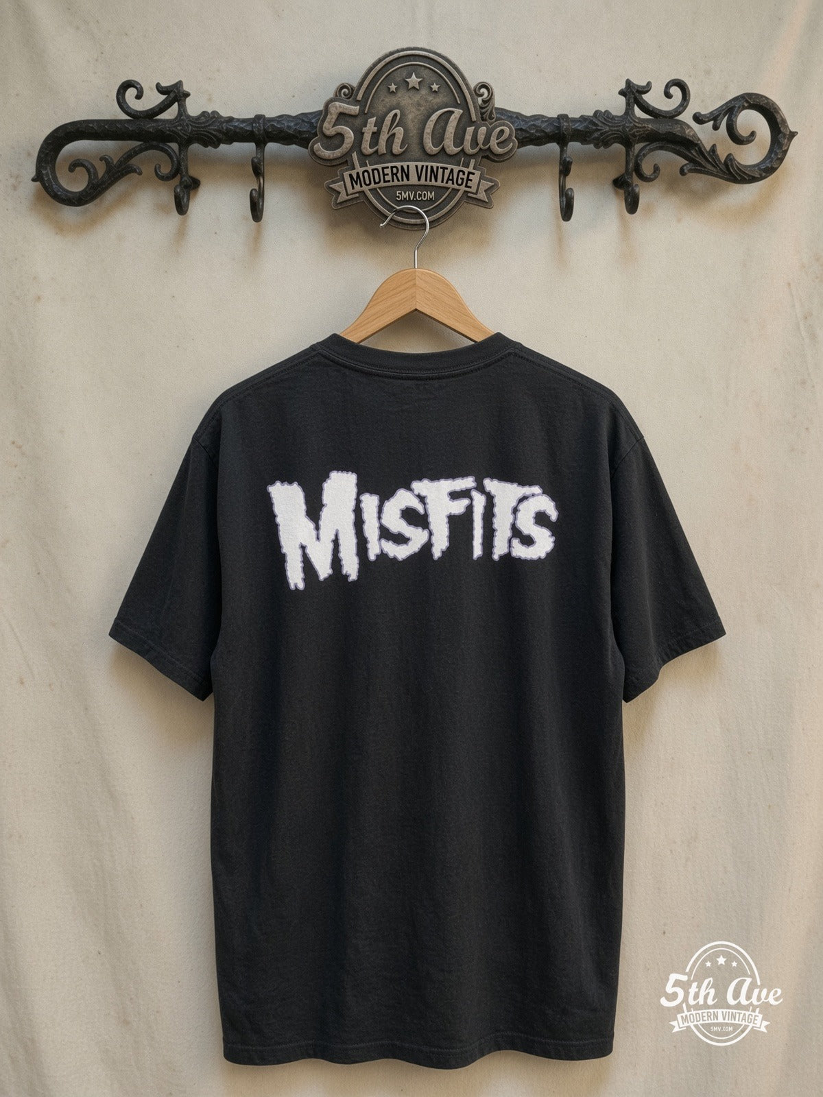 Misfits – They Couldn't Escape the Misfits – Vintage Band T-Shirt — back on locked cream ornate 5th Ave rack