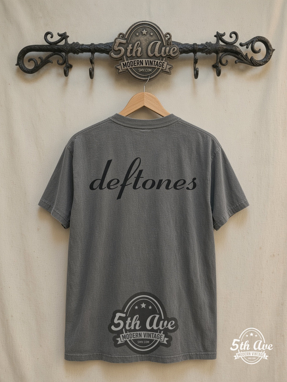 Deftones – "Around The Fur" – Vintage Band T-Shirt — back on locked cream ornate 5th Ave rack