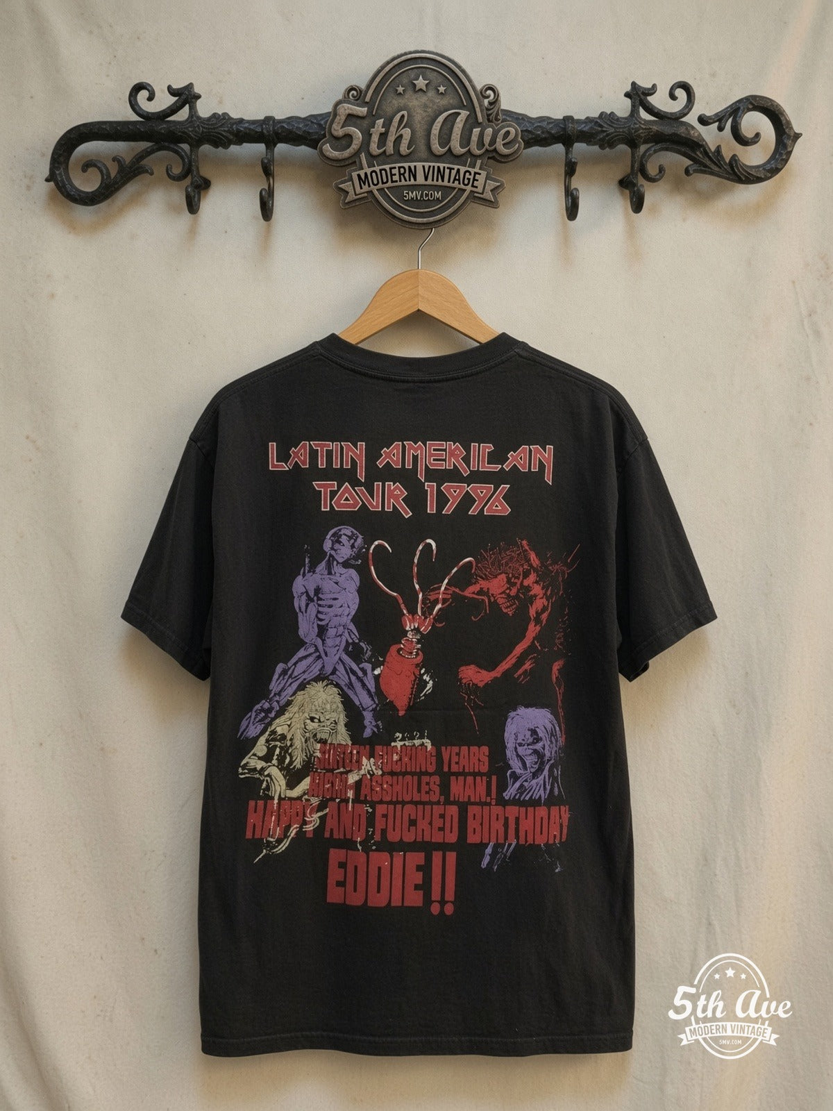 Iron Maiden – Latin America Tour 1996 – Vintage Band T-Shirt — back on locked cream ornate 5th Ave rack