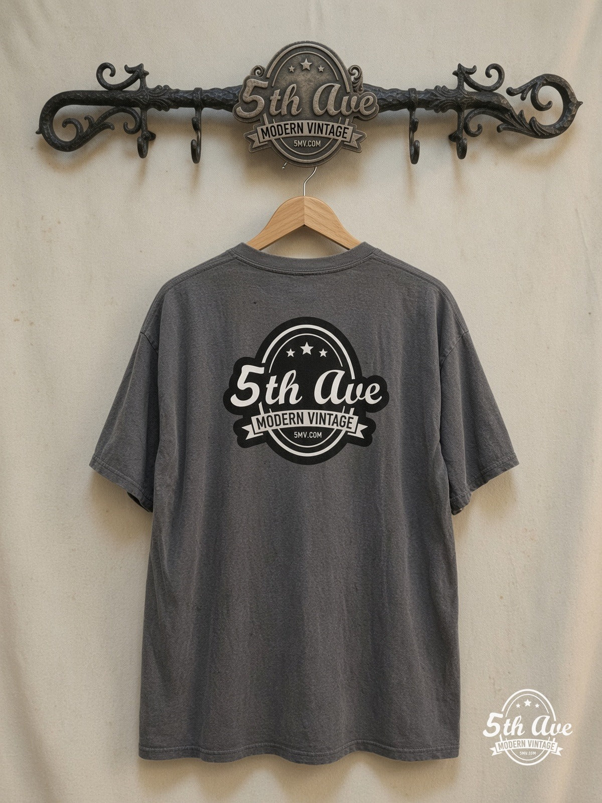 Thom Yorke – All-Over Print Portrait – Vintage Band T-Shirt — back on locked cream ornate 5th Ave rack