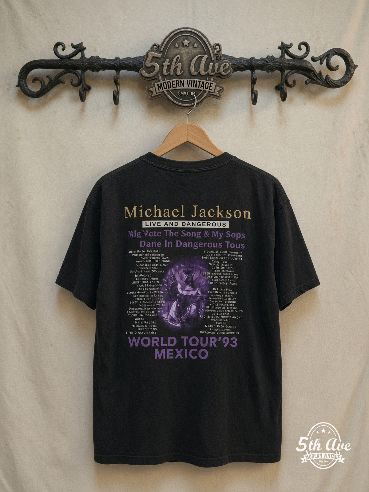 Michael Jackson – Live and Dangerous Singing Profile '93 – Vintage Band T-Shirt — back on locked cream ornate 5th Ave rack