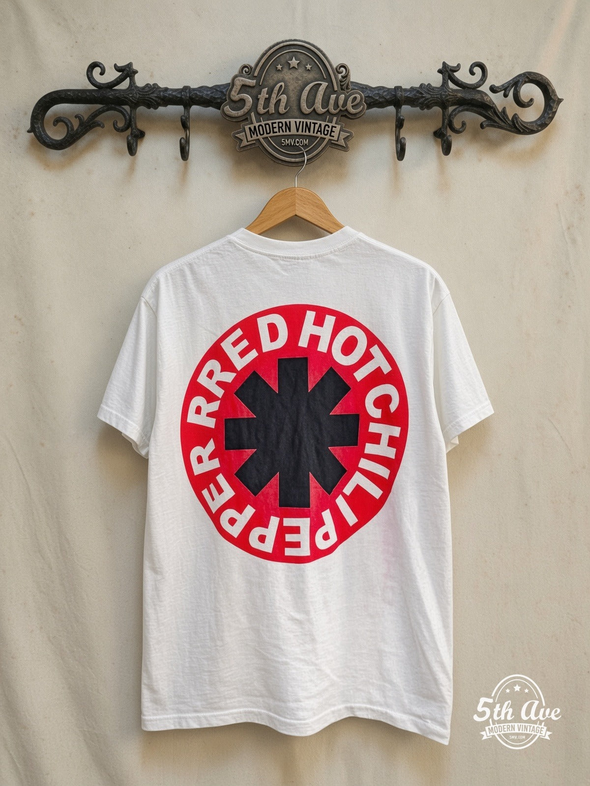 Red Hot Chili Peppers – Bikini Avocado – Vintage Band T-Shirt — back on locked cream ornate 5th Ave rack