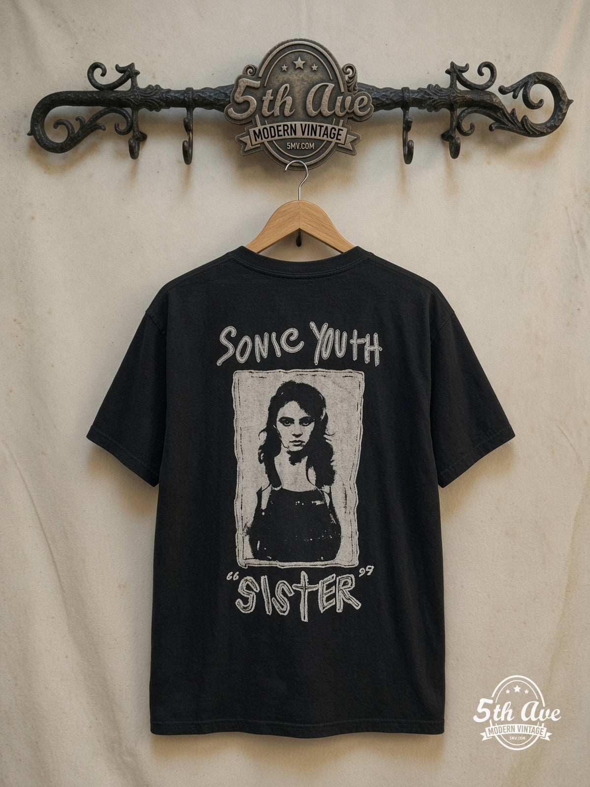 Sonic Youth – Sister Band Photo – Vintage Band T-Shirt — back on locked cream ornate 5th Ave rack