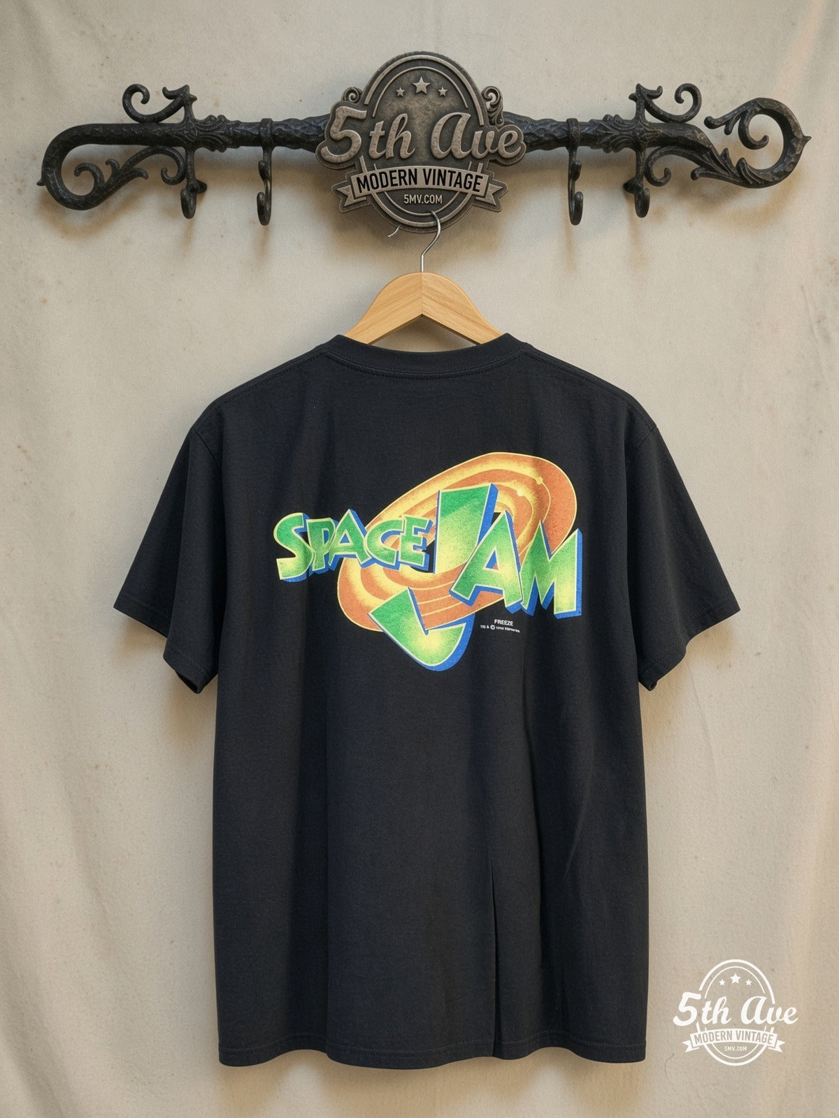 Looney Tunes – Looney Space Jam Bugs Bunny & Daffy Duck Iconic T-Shirt – All Over Print – New Vintage Graphic Tee — back on locked cream ornate 5th Ave rack