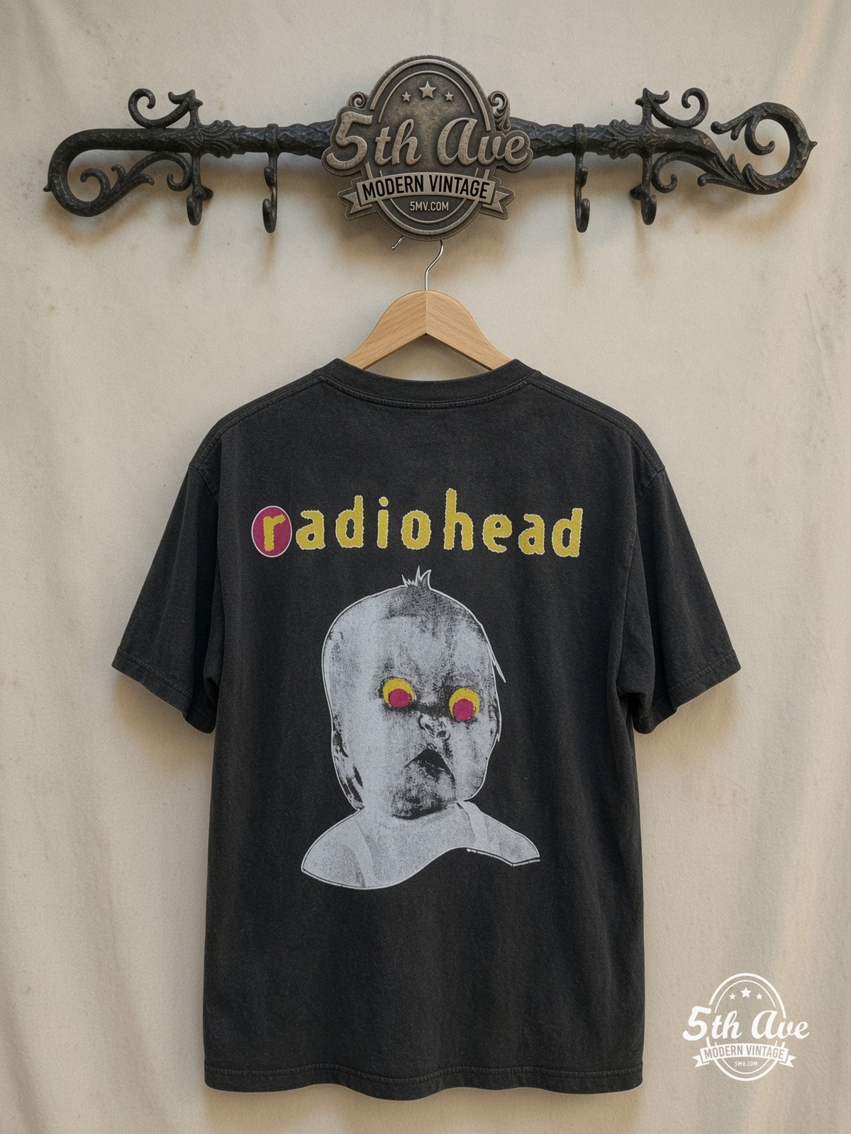 Radiohead – Pablo Honey Tour Baby Black – Vintage Band T-Shirt — back on locked cream ornate 5th Ave rack